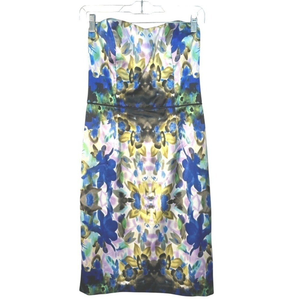 Maggy London Sheath‎ Dress Vibrant Sateen Royal Blue Floral Strapless Bodycon 6